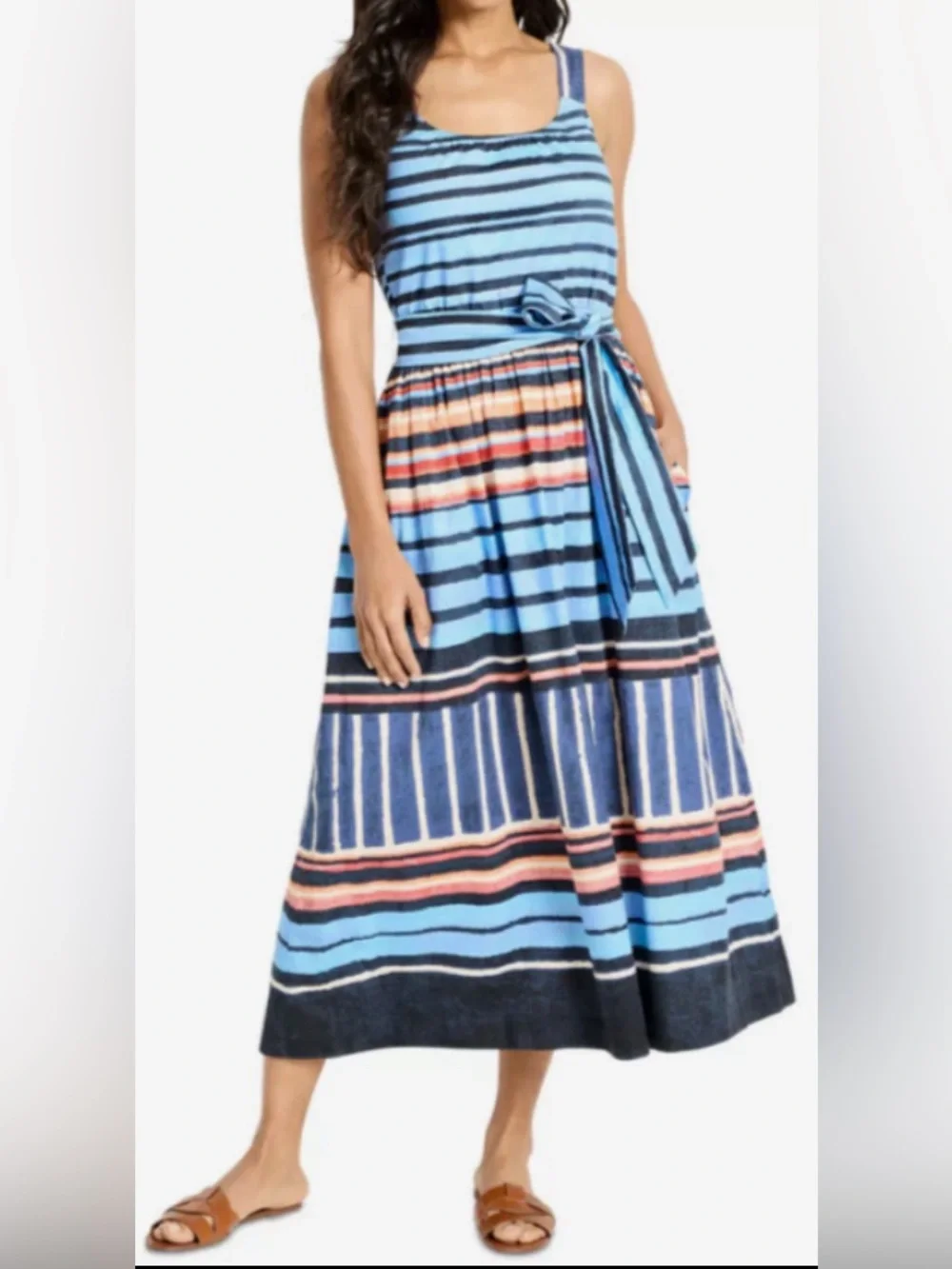 NIC+ZOE Painted Peninsula Blue Multi Color Stripe Sophie Midi Dress: Size S - Picture 4 of 8
